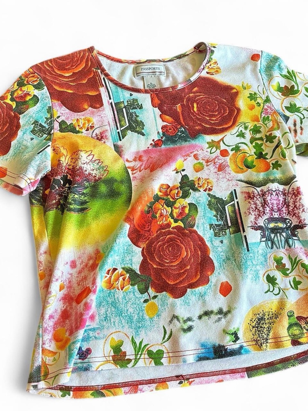 Vintage Passport Multicolor Short-Sleeve Top with Red Rose Print